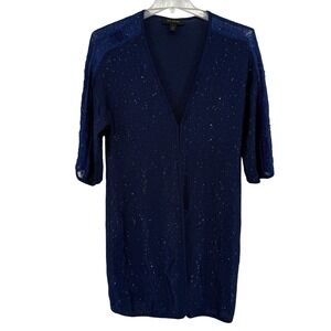 St John Navy Blue Sequin Knit Open Front Long Cardigan Sweater Jacket Size Small